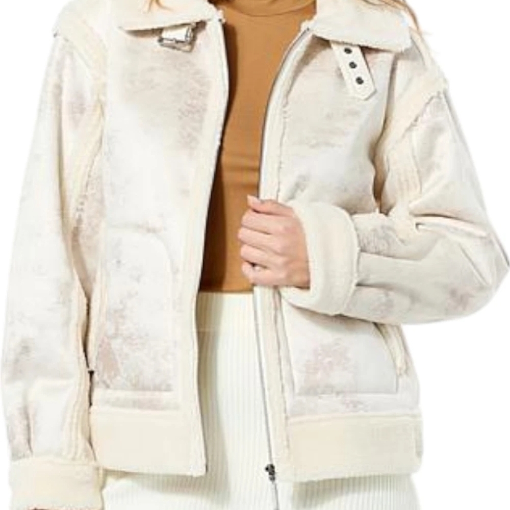 G by Giuliana Black Label Faux Suede and Shearling Zip Front Coat Size XS Ivory
